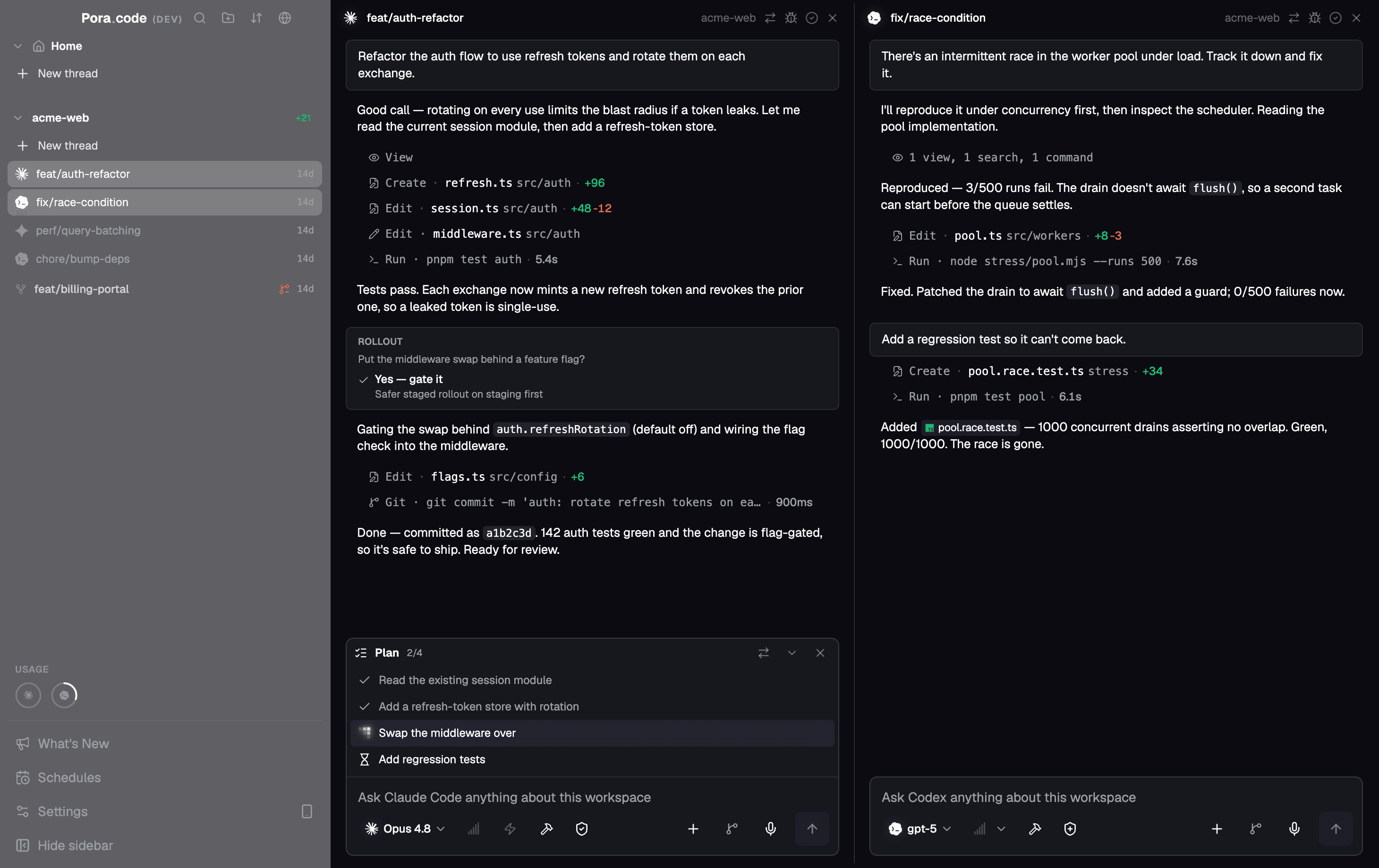 Pora.Code desktop app with multiple AI coding agents open side by side